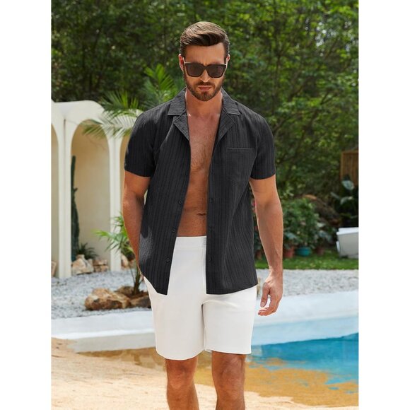 Men Black Casual Cuban Lightweight Short Sleeve Button Down Shirt Textured Beach - Picture 4 of 6